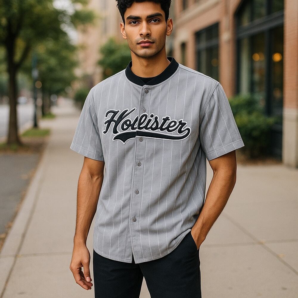 Hollister Mens Jersey Sz S Gray Stripe Applique Short Sleeve Button‎ Front Shirt